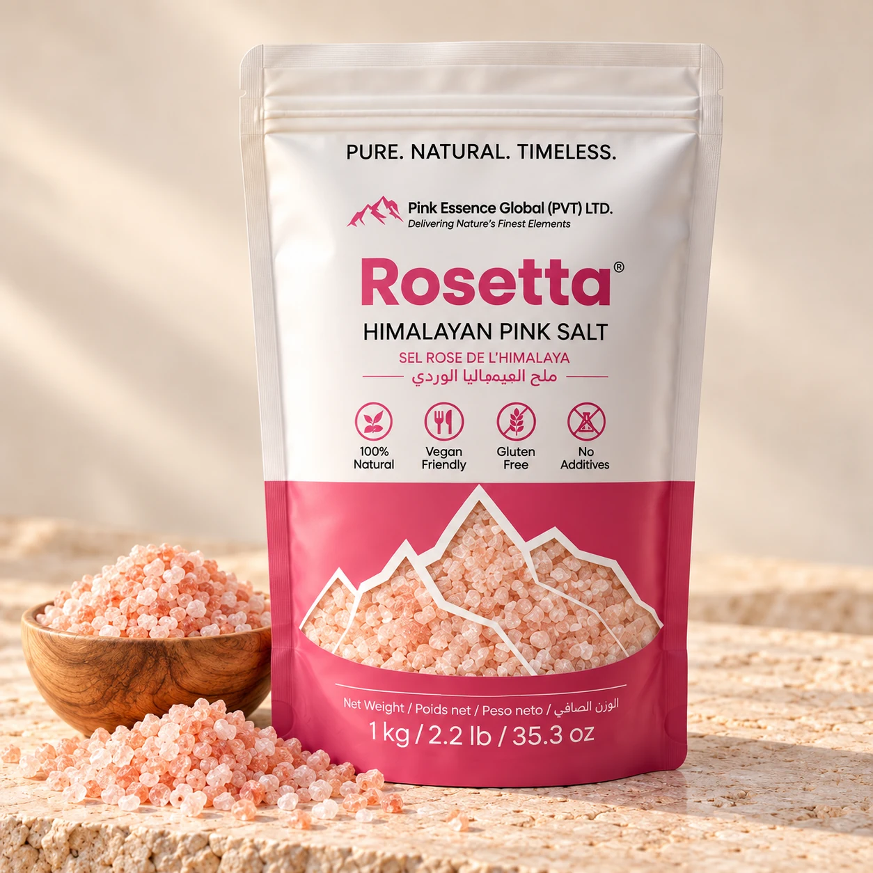 Coarse Himalayan pink salt product presentation from Pink Essence Global