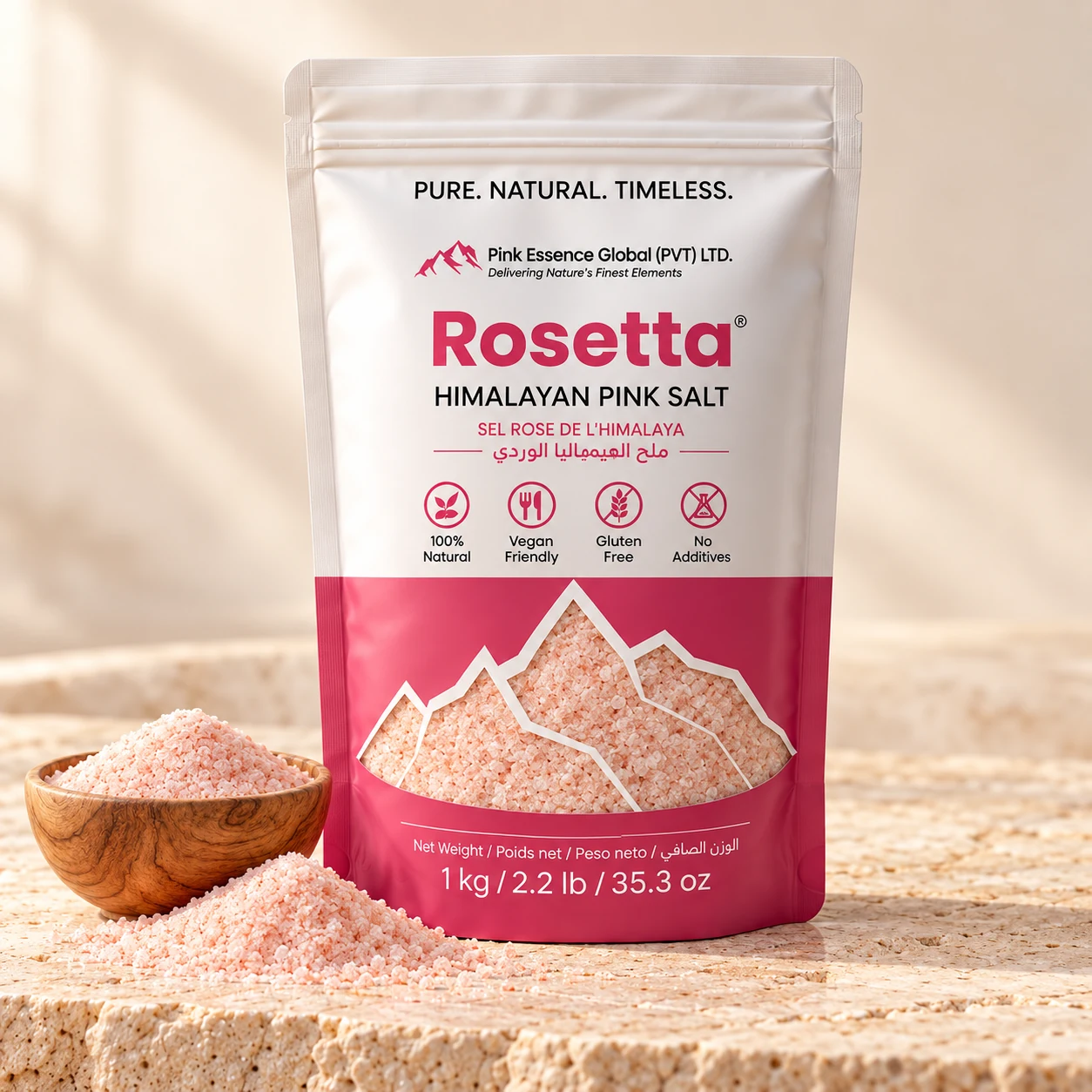 Fine Himalayan pink salt product presentation from Pink Essence Global