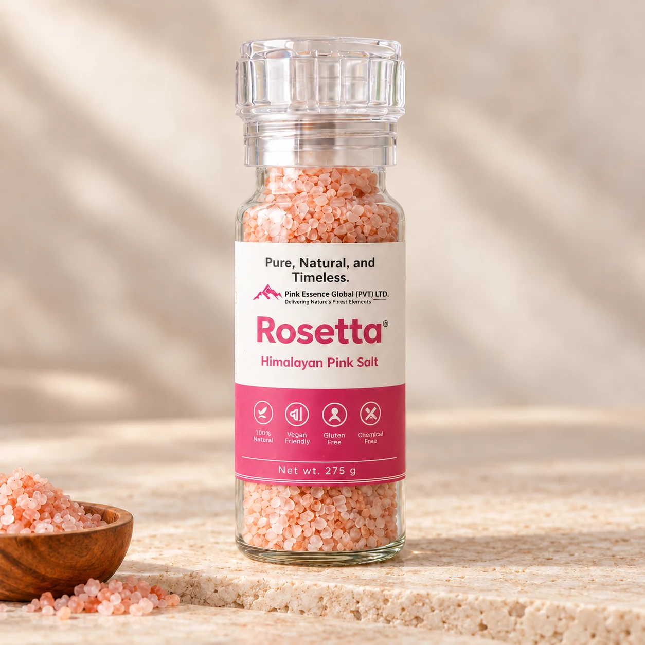 Himalayan pink salt grinders product presentation from Pink Essence Global