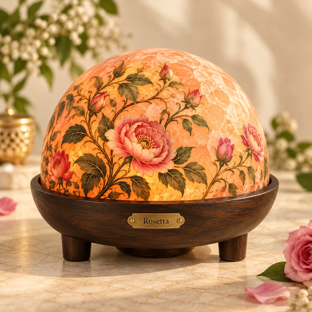 Rosetta Himalayan pink salt dome with botanical artwork and walnut-colour wooden base