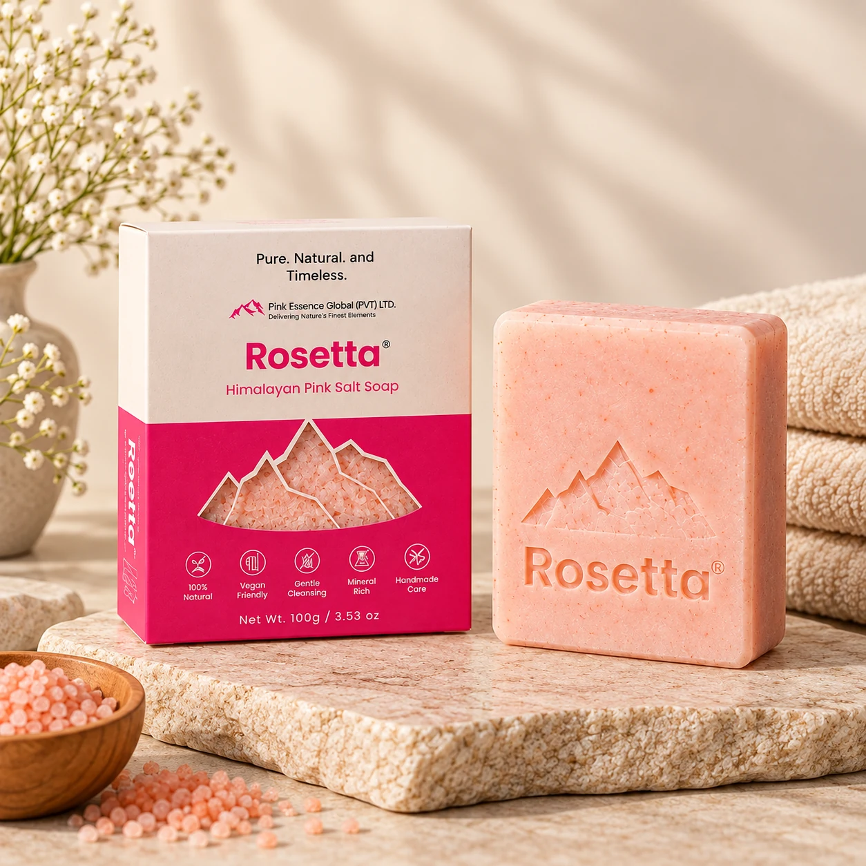 Himalayan bath salt & salt soap product presentation from Pink Essence Global